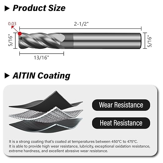 5/16" Carbide Corner Radius End Mills - 0.03" Corner Radius, AlTiN Coated, 4 Flute Endmill for Milling Alloy Steel, Cast Iron, Copper