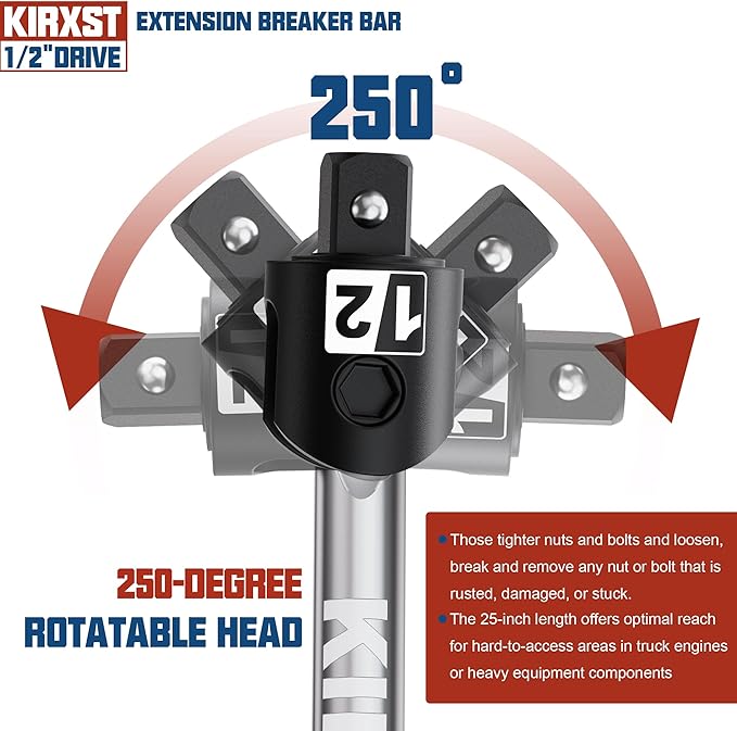 25-Inch 1/2??Drive Breaker Bar, 250째 Rotatable Head, Heavy Duty Extension Breaker Bar, Ball Lock Function, Laser Marking, Mechanical Work, Automobile and Motorcycle Maintenance and Repair