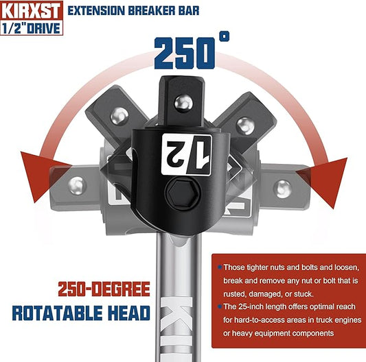 25-Inch 1/2??Drive Breaker Bar, 250째 Rotatable Head, Heavy Duty Extension Breaker Bar, Ball Lock Function, Laser Marking, Mechanical Work, Automobile and Motorcycle Maintenance and Repair