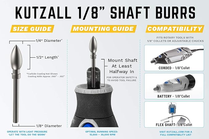 Kutzall Original Flame Rotary Burr, 1⁄8" Shaft, Coarse - Wood Carving Bit for Dremel, Foredom, DeWalt, Milwaukee. Abrasive Tungsten Carbide, 1⁄4" (6.3mm) Dia. X 1⁄2" (12.7mm) Length, FL-14-E