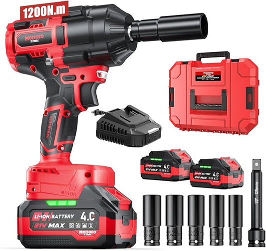 1200N.m (900ft-lbs) Cordless Impact Wrench, 1/2 High Torque Brushless Impact Drill with 3000RPM Power, 2 x 4.0Ah Batteries, Fast Charger, Variable Speeds for Car/Truck RV/Mower (Red)