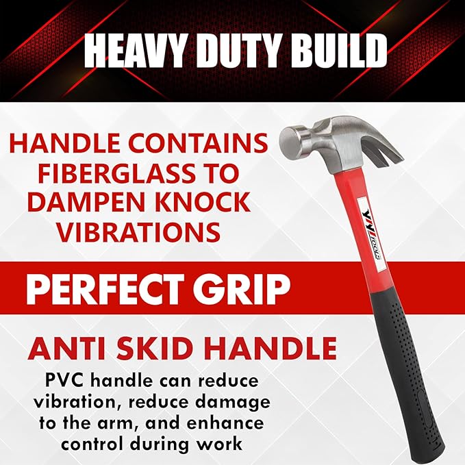 YIYITOOLS Claw Hammer With fiberglass Handle – 16-oz, Red and Black (YY-1-003)