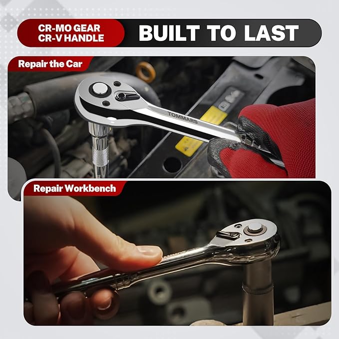 TOMMARS 1/2" Drive Ratchet Socket Wrench, 72-Tooth Quick-Release Socket Ratchet Wrench Reversible, Gifts for Men Mechanic Hand Tools