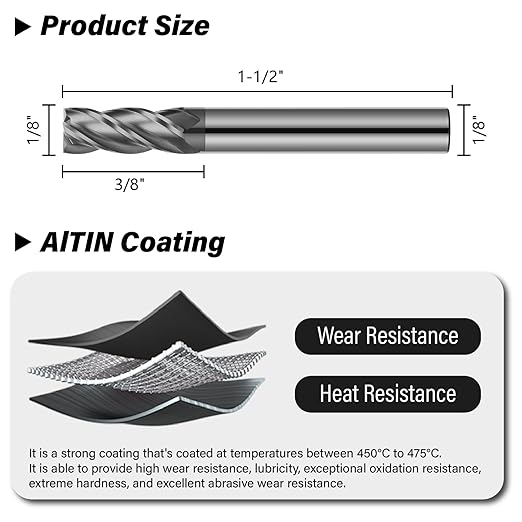 3PCS 1/8" Carbide Square End Mills Set 4 Flute AlTIN Coated CNC Milling Bits for Alloy Steels, Hardened Steels, Cast Iron