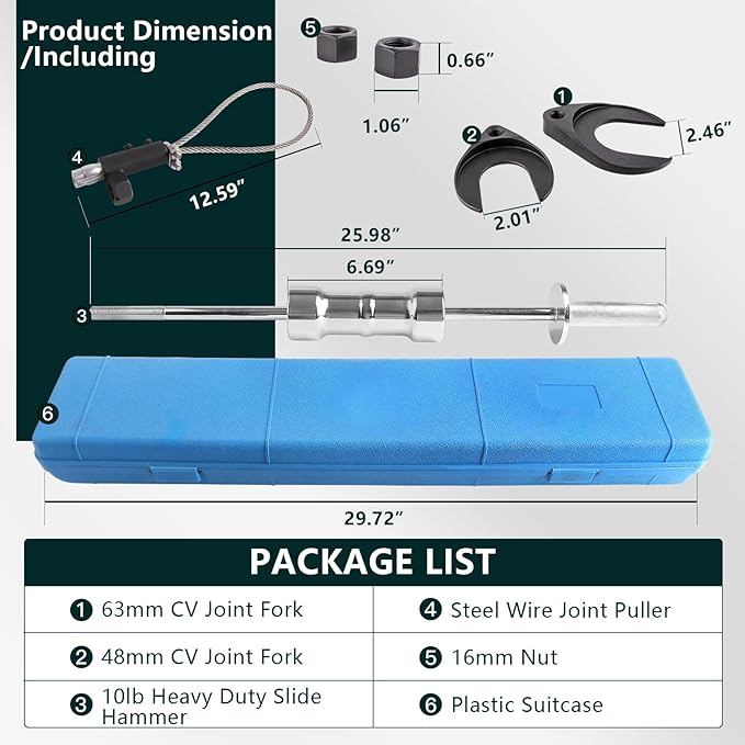Inner CV Joint Removal Tool Kit, 10 Pounds Heavy Duty Slide Hammer Front Wheel Drive Axle Half Shaft Removal Puller Tool Set, 63mm 48mm CV Joint Fork Adapter Attachments