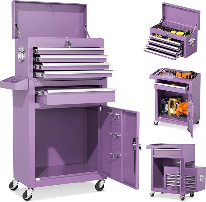 INTERGREAT 5 Drawer Tool Chest with Wheels, Rolling Tool Chest with Enhanced Packaging, Tool Storage Organizer Cabinets with Lock&Key for Garage, Workshop (Purple)