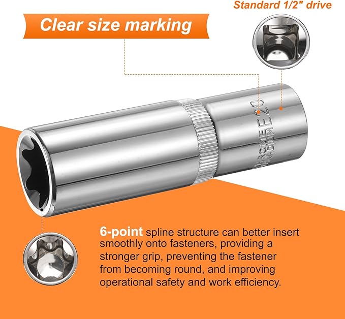 HARFINGTON E-Torx Socket 1/2" Drive E20 Star Female Socket 3.1" Length External Torx Deep Sleeve Chrome Plating 6 Point Spline Sleeve for Auto Repairs Home Maintenance