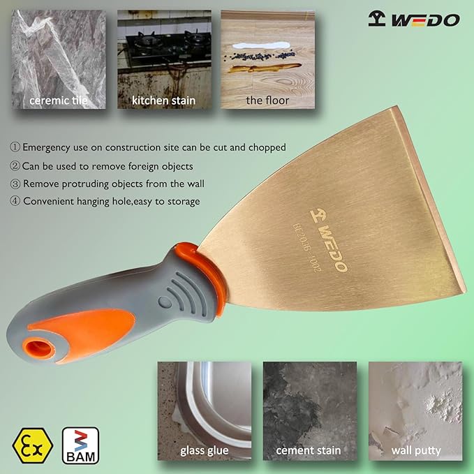 WEDO Non-Sparking Putty Knife with Straight Blade and Comfortable Handle,Spark-free Safety Putty Knife,Durable,Beryllium Copper,Non-Magnetic,DIN Standard,BAM & FM Certificate,75 * 203mm