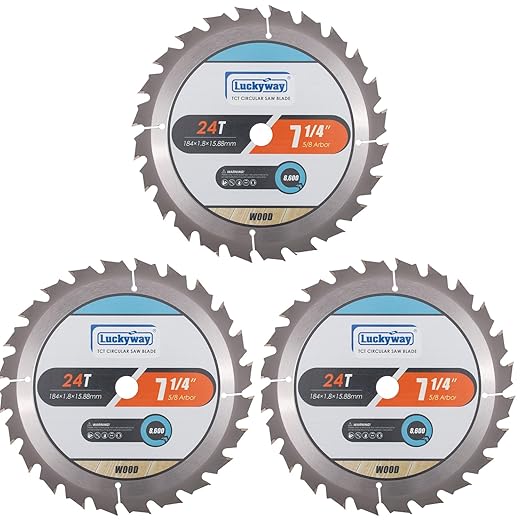 Luckyway 7-1/4 Inch Circular Saw Blade 24T Framing with 5/8 Inch Arbor TCT (Tungsten Carbide Tipped) Saw Blade for Cutting Wood 3-Pack