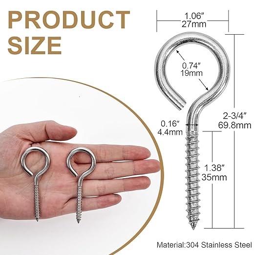 40PCS 2.75 inches Screw Eyes M4 304 Stainless Steel Eye Screws, Heavy Duty Screw, Eye Hooks Screw Eye Bolts Eye Hooks Screw, Indoor & Outdoor Uses (40, M4-2.75inch)