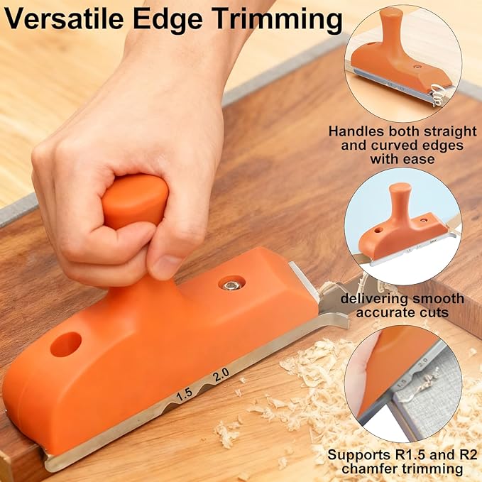 Edge Banding Trimmer with Stainless Steel Blade, 1.5"–2" Woodworking Edge Trimming Tool for Veneer, PVC, ABS, Wood, Laminate, Deburring, Straight & Curved Edges, Ergonomic Grip, Carpentry Tool