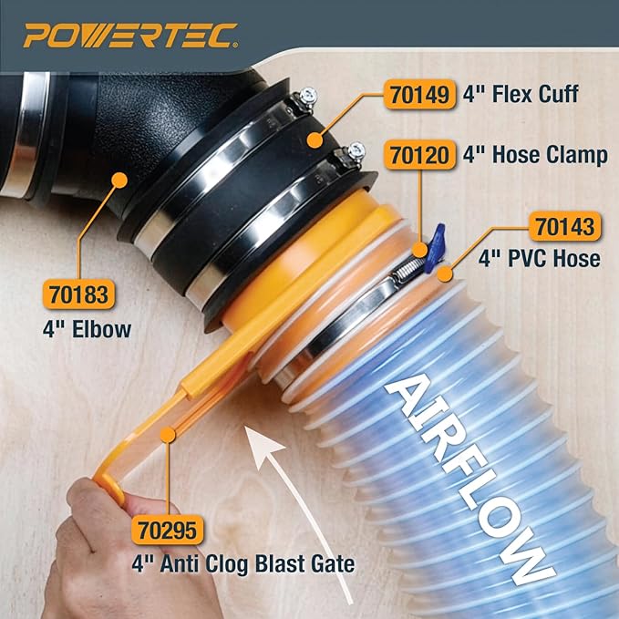 POWERTEC 70295 4-Inch Integrated Blast Gate Clog Resistant, Anti Gap Tapered ABS Plastic Fitting for Dust Collection Systems (Patented)