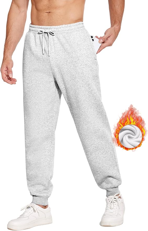 PINSPARK Men's Fleece Joggers with Zipper Pockets Tapered Sweatpants Cotton Sweat Pants for Mens Heavyweight Lounge Pants