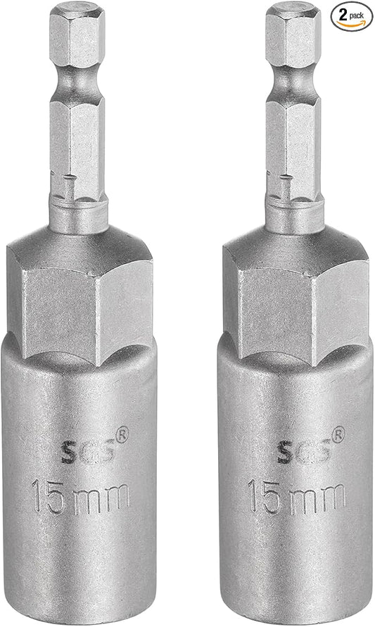 HARFINGTON 2pcs Nut Driver Drill Bit 15mm Metric Socket 1/4" Hex Shank 3.15" (80mm) Long 6-Point Sockets Quick Change CR-V Steel Bolt Setters for Power Drill Drivers