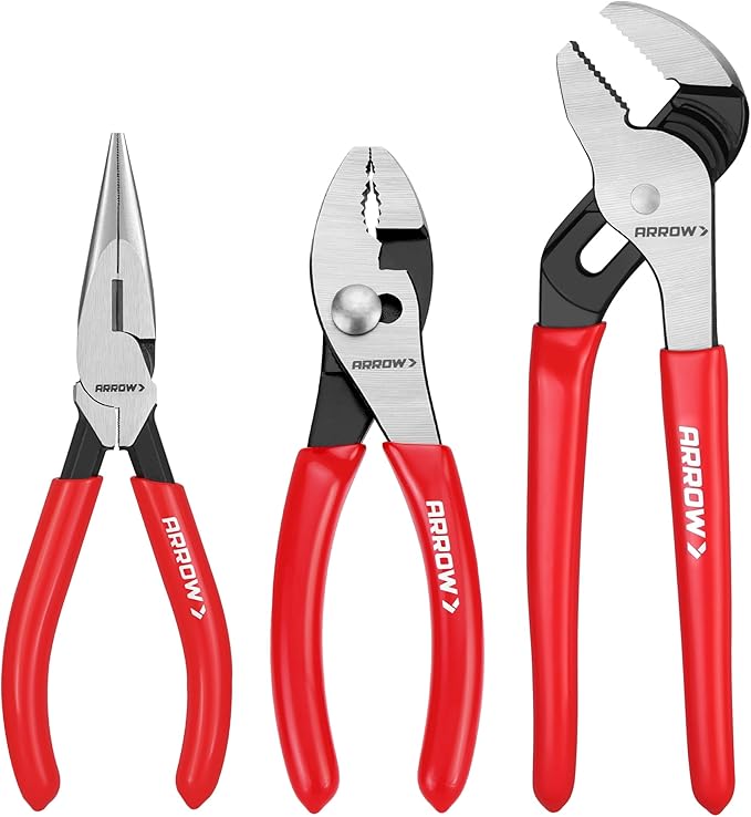 ARROW 3PCS Pliers Set, 6" Needle Nose Pliers, 6" Slip Joint, 8" Groove Joint with Non-slip Handle, Premium Carbon Steel, for Daily Repair & Home Maintenance