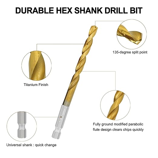 10 Pcs 1/4" Titanium Coated Twist Hex Shank Drill Bit Set, 135 Degree Tip HSS Impact Drill Bit Set with Storage Case for Metal, Aluminum, Steel, Wood, Plastic, Quick Change Design