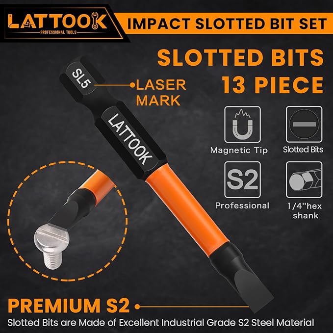 13-Pieces Impact Slotted Bit Set, LATTOOK 1/4'' Hex Shank Slotted Screwdriver Bit Set Flat Head Bits, Magnetic S2 Steel, 2.3'' & 1'' Long, SL2, SL2.5, SL3, SL4, SL5, SL6