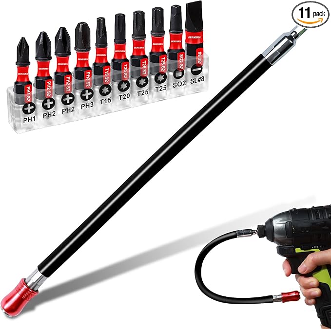 Flexible drill bit Extension Screwdriver Bit Holders, 1PACK 12Inches Flex Shaft Extension Socket Drill Bit Holder Hex Shank Quick-Change Drill Bit Guide with 10PC Screwdriver Bits