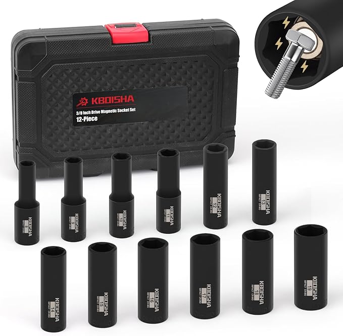 KBOISHA 3/8 Inch Drive Deep Magnetic Socket Set,12-Piece Metric 8mm-19mm CR-MO Impact Socket Set with Heavy Duty Storage Case