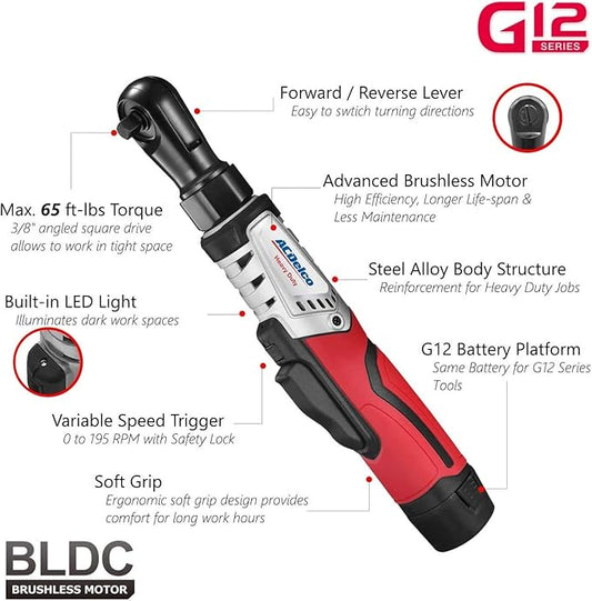 ACDelco G12 Series 3-Tool Cordless Combo 3/8" Brushless Ratchet Wrench + 2-Speed Drill/Driver+ Impact Driver, 2-battery, ARW12103-K11