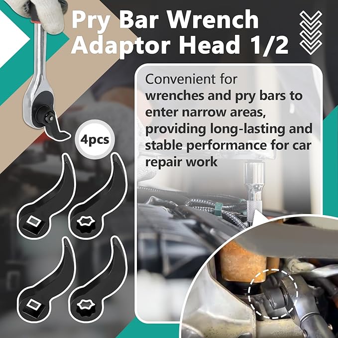 4 Pcs Pry Bar Wrench Adaptor Head - 2 Style Crowbar Adapter Head Tools Fits 1/2" Drive Ratchets, Half Shaft Removal Car Repairing Tools for Tight Spaces