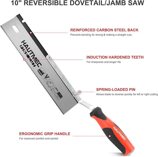HAUTMEC 10" Reversible Dovetail Saw, Pro Flush Cut Jamb Saw, 12TPI Double Ground Teeth with Cranked Handle, Dual-Side Cutting Handsaw for Door Frames, Trim, and Flooring Installation – HT0234
