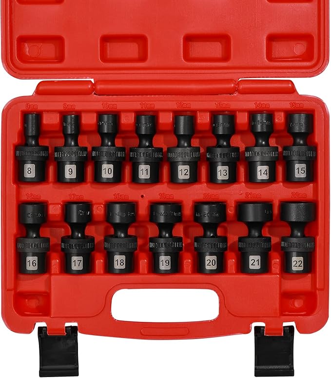 Mayouko 15PCS 3/8" Drive Shallow Universal Impact Socket Set, 6 Point, Metric, 8-22mm, 15-Piece Swivel Socket Set, Metric Flexible Wobble Sockets, CR-MO Steel