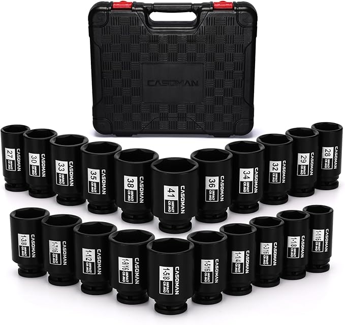 CASOMAN 1/2??Drive Deep Big Impact Socket Set, 21 - Piece Large Spindle Axle Nut Impact Wrench Socket Set, 6 Point, CR-MO, Metric & SAE, 27mm - 41mm, 1-1/16" - 1-5/8"