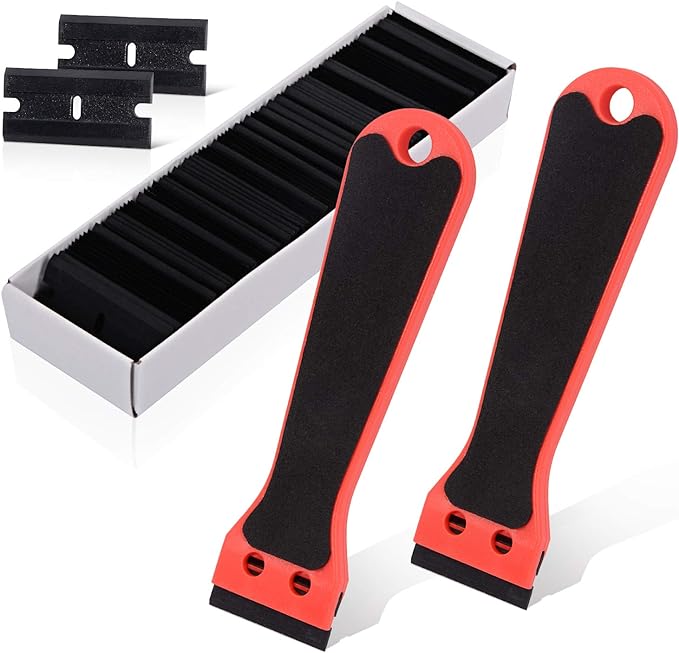EHDIS 2pcs Plastic Razor Scraper 6-inch Long Handle Adhesive Remover Tool with 100 Double-Edge Blades for Window Tint Vinyl Scraper Decal Sticker Glue Remover (Red)
