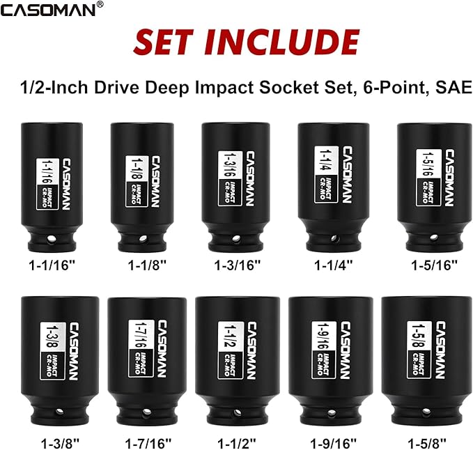 CASOMAN 10PCS 1/2" Drive Deep Spindle Axle Nut Impact Socket Set, 6-Point, Large Socket Set, SAE (1-1/16" to 1-5/8"), CR-MO