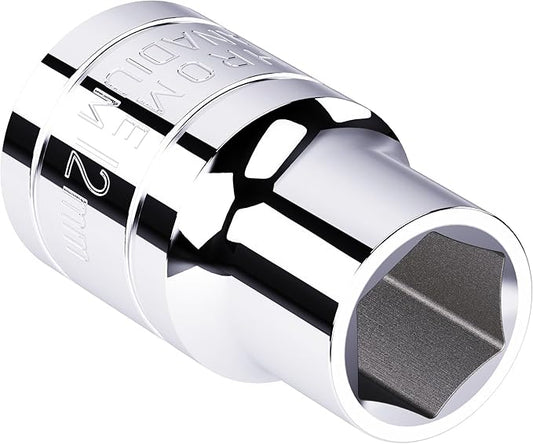 12mm Shallow Socket, 1/2 Inch Drive, 6-Point, Metric, Heat Treated CR-V Steel Short Sockets, Full Polishing, 1.5 Inch Length