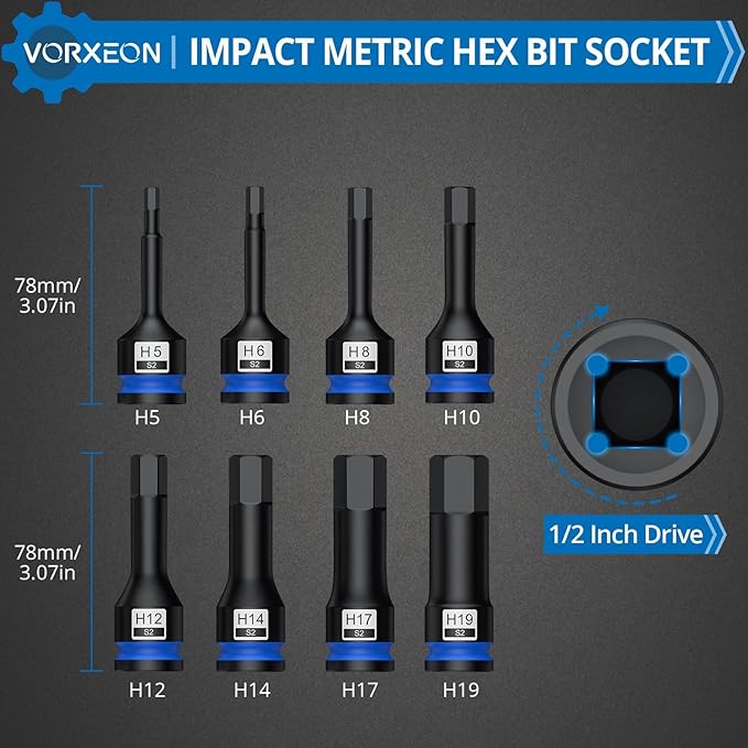 8 Pcs 1/2" Drive Metric Impact Allen Hex Socket Set S2 Alloy Steel One-piece forged With Storage Case 5 mm, 6 mm, 8 mm, 10 mm, 12 mm, 14 mm, 17 mm, 19 mm