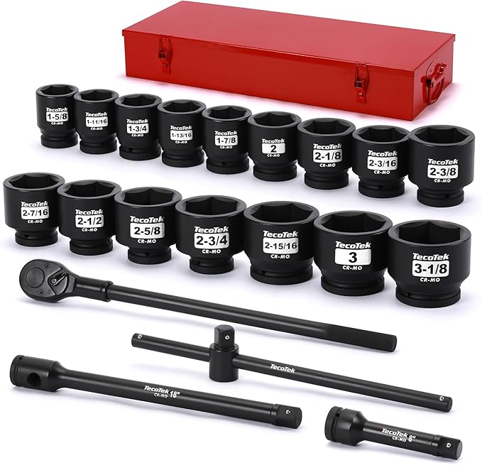 1" Drive Jumbo Shallow Impact Socket Set, 21-Piece Jumbo Assortment, SAE, 1-5/8 Inch to 3-1/8 Inch, CR-MO Steel, Ratchet, Extension Bar and Metal Case