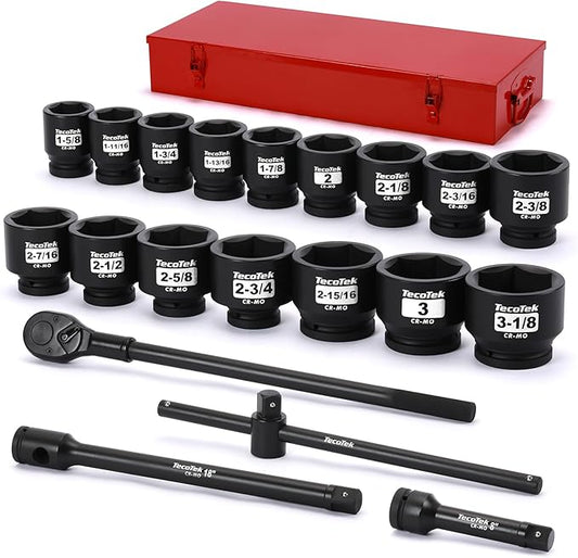 1" Drive Jumbo Shallow Impact Socket Set, 21-Piece Jumbo Assortment, SAE, 1-5/8 Inch to 3-1/8 Inch, CR-MO Steel, Ratchet, Extension Bar and Metal Case
