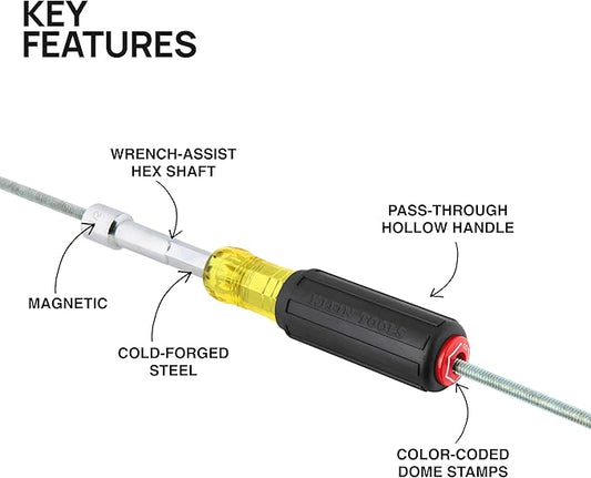 Klein Tools 654516 Heavy-Duty Hollow Shaft Nut Driver, Color-Coded 5/16-Inch Hex, Pass Through Design, 6-Point Socket, and Cushion-Grip Handle