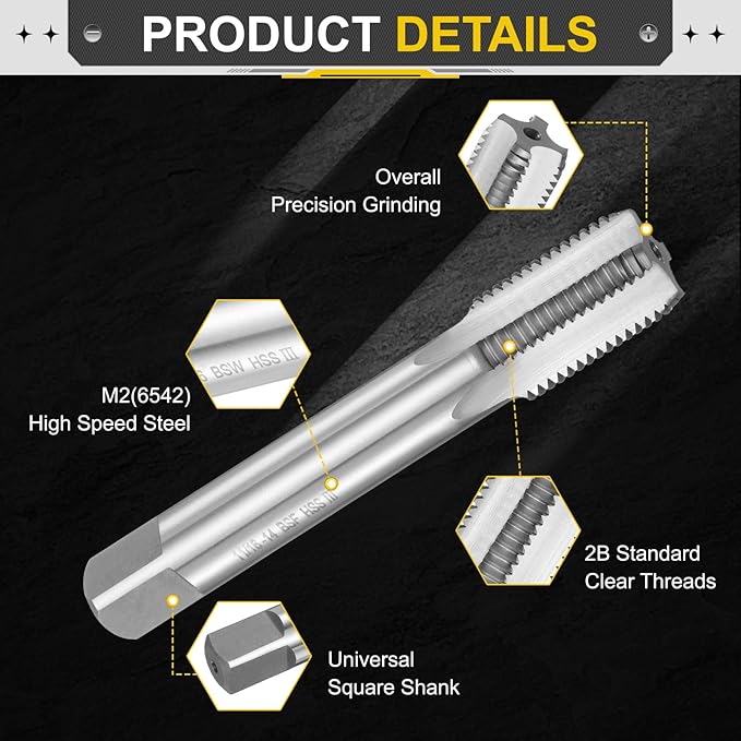 uxcell Hand Bottom Tap 11/16"-14 BSF 2B Thread Bottoming Style Threading Taps High Speed Steel HSS6542 Straight Flutes Screw Tapping Tool