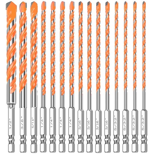 15PCS Concrete Carbide Drill Bits Set 5/32"-1/2" Masonry Drill Bits Set,Tile Drill Bit Set 6 Sizes Shockproof Tungsten Steel with 1/4" Hex Shank for Class/Brick/Plastic/Cement/Tile (1 Set)