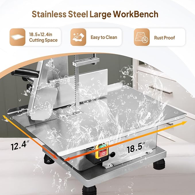 ROVSUN 750W Electric Bone Saw Machine,0.16-7.9Inch Cutting Thickness Frozen Meat Cutter with 6 Saw Blades, Commercial Bandsaw Machine Stainless Steel 18.5 x 12.4 In Table for Chicken Fish Beef