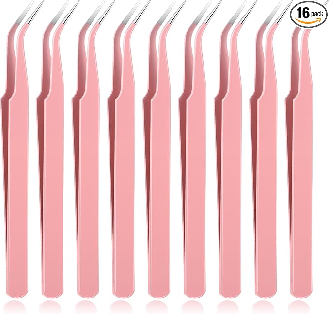 9 Pcs Precision Tweezers, Stainless Steel Craft Tweezers for Crafting, Curved Tweezer Multipurpose Pointed Long Tweezer for Crafting DIY Bead Jewelry Making, Scrapbooking, Crafts, Nail Art (Pink)