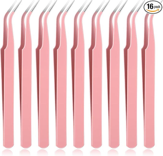 9 Pcs Precision Tweezers, Stainless Steel Craft Tweezers for Crafting, Curved Tweezer Multipurpose Pointed Long Tweezer for Crafting DIY Bead Jewelry Making, Scrapbooking, Crafts, Nail Art (Pink)