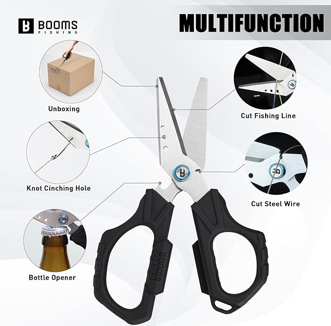 Booms Fishing Braided Line Cutter: 6.3in Multifunction Fishing Scissors - Fishing Shears with Serrated Blades and Side Wire Cutter, S04