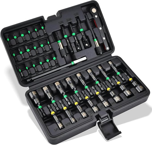 AEROFORCE 41 PCS Magnetic Nut Driver Set, Impact Drill Driver Bit 1/4" Hex Shank, SAE & Metric Cr-V Steel Power Nut Drivers with Quick-release Extensions, Impact Socket Adapters, Bit Holder