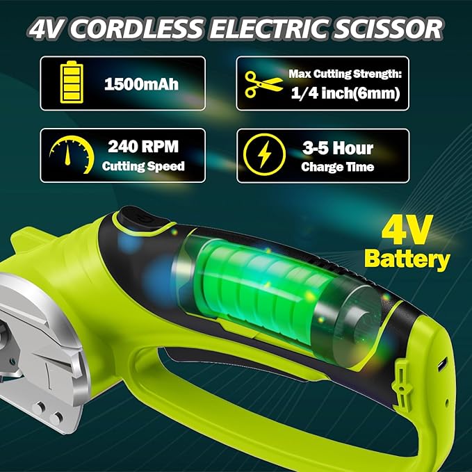 Cordless Electric Scissors, 4V Rechargeable Box Cutter & Cardboard Cutter with LED Light, Safety Lock - Rotary Cutter for Fabric, Leather, Carpet, Plastic, Crafting, Sewing with Storage Box (Green)