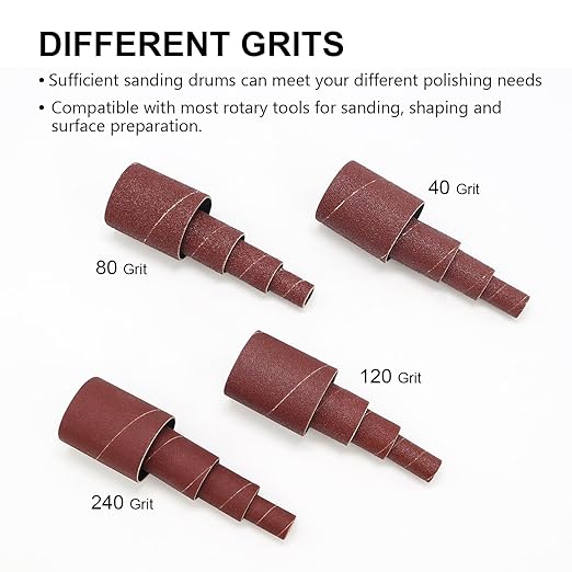 32 Pack Spindle Sander Sleeves, 2”Length, 1/2”,3/4”,1”,1-1/2” Diameter Sanding Sleeves Set for Drill,40 80 120 240 Grit