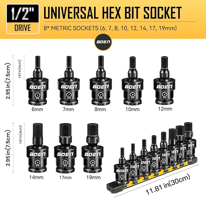 BOEN 8-Pieces Universal Hex Bit Driver Impact Socket, 1/2" Drive Metric Size (6, 7, 8, 10, 12, 14, 17, 19mm) With Socket Rail, CR-MO Steel