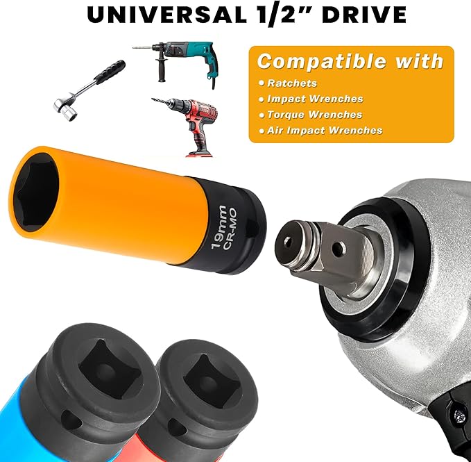 5 PCS 1/2 inch Drive Lug Nut Socket Set, Impact Flip Socket Set Non-Marring Thin Wall Wheel Nut Socket, Cr-Mo Steel, 4 pcs Universal 17mm, 19mm, 21mm, 22mm, 1 x 17mm for Benz Convex Flower Head Bolt