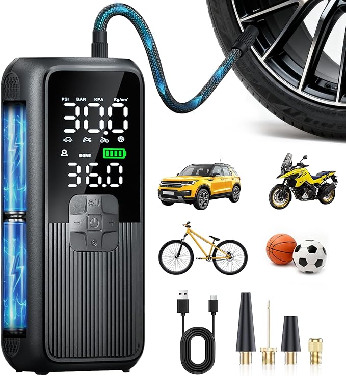 Tire Inflator Portable Air Compressor, T05 Air Pump for Car, Motorcycle, Bike, Balls with Tires Pressure Gauge, 150PSI Air Compressor Portable, Tires Pump with LED Light & Auto Shut-Off