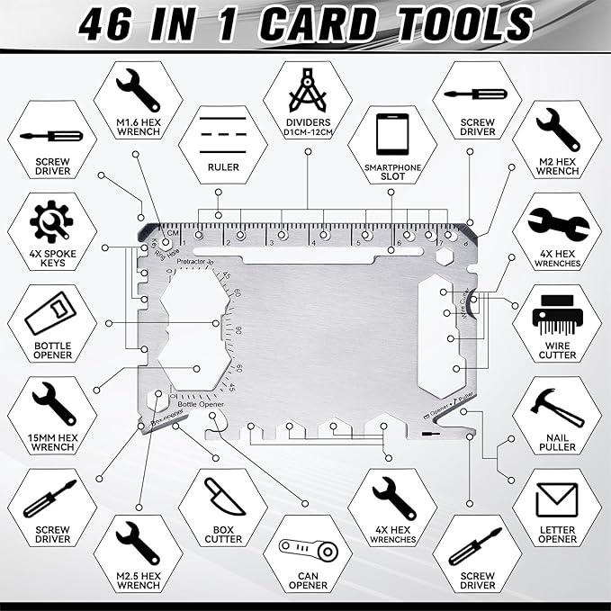 Cholemy 12 Pcs Credit Card Wallet Multitool 46 in 1 Metal Stainless Steel Survival Pocket Tool Multipurpose Bottle Opener Bulk for Men Christmas Stocking Stuffer Gift(Black, Silver,Classic Style)
