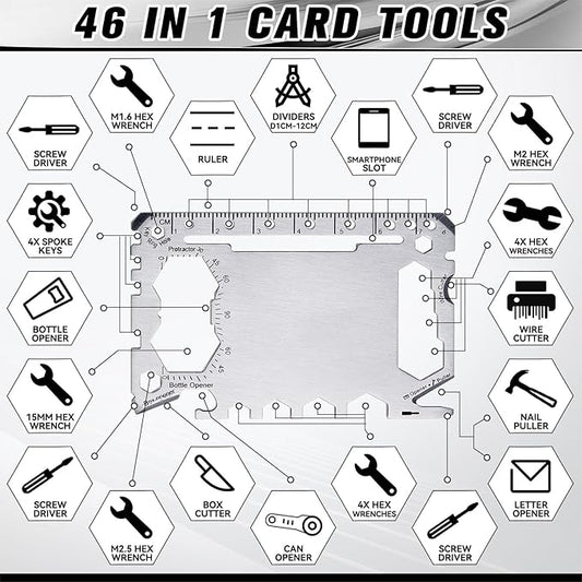 Cholemy 12 Pcs Credit Card Wallet Multitool 46 in 1 Metal Stainless Steel Survival Pocket Tool Multipurpose Bottle Opener Bulk for Men Christmas Stocking Stuffer Gift(Black, Silver,Classic Style)