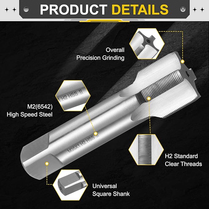 uxcell Hand Plug Tap M35 x 1 H2 Metric Thread Plug Style Taps Straight Flute Screw Tapping Threading Tool High Speed Steel HSS6542